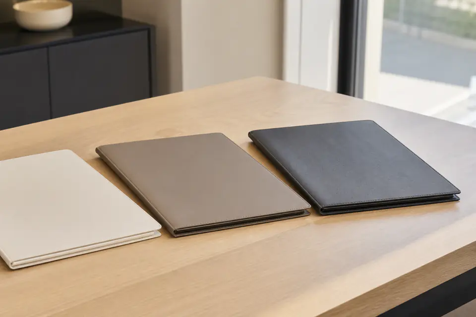 Drei sorgfältig geschlossene, unbeschriftete Dokumentenmappen auf einem Tisch.