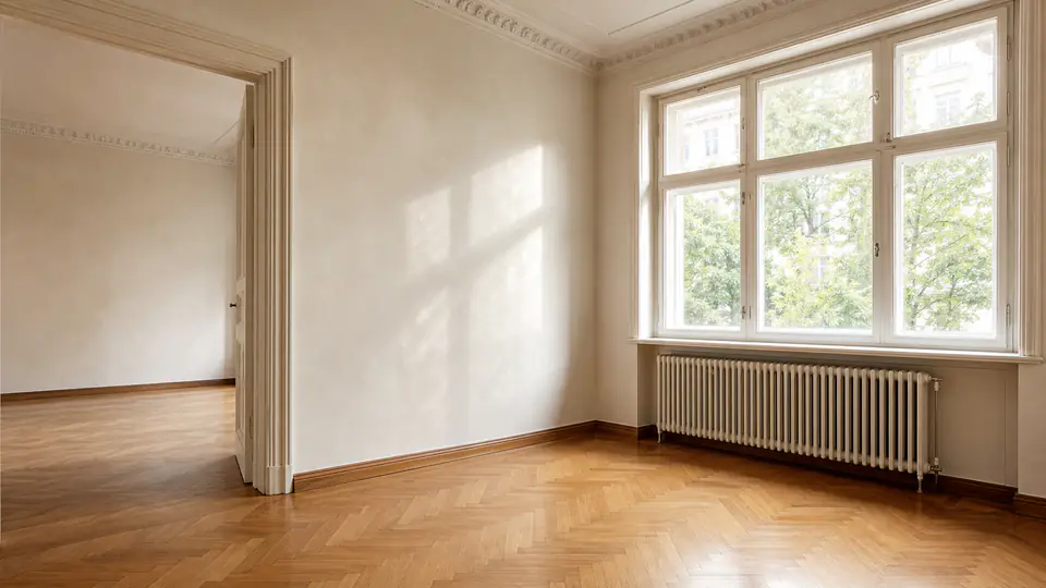Detail von Fenster, Heizkörper und Parkett als präziser Blick auf die Substanz.