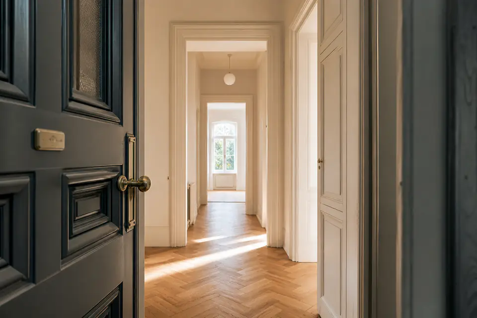 Eingangstür zu einer hellen, leeren Wohnung, offen und einladend.