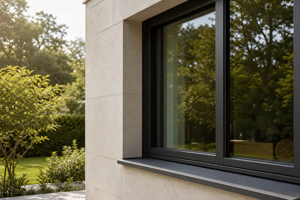 Sonnenlicht auf einer zeitgemäßen, gut gedämmten Fassade mit klaren Fensterdetails.
