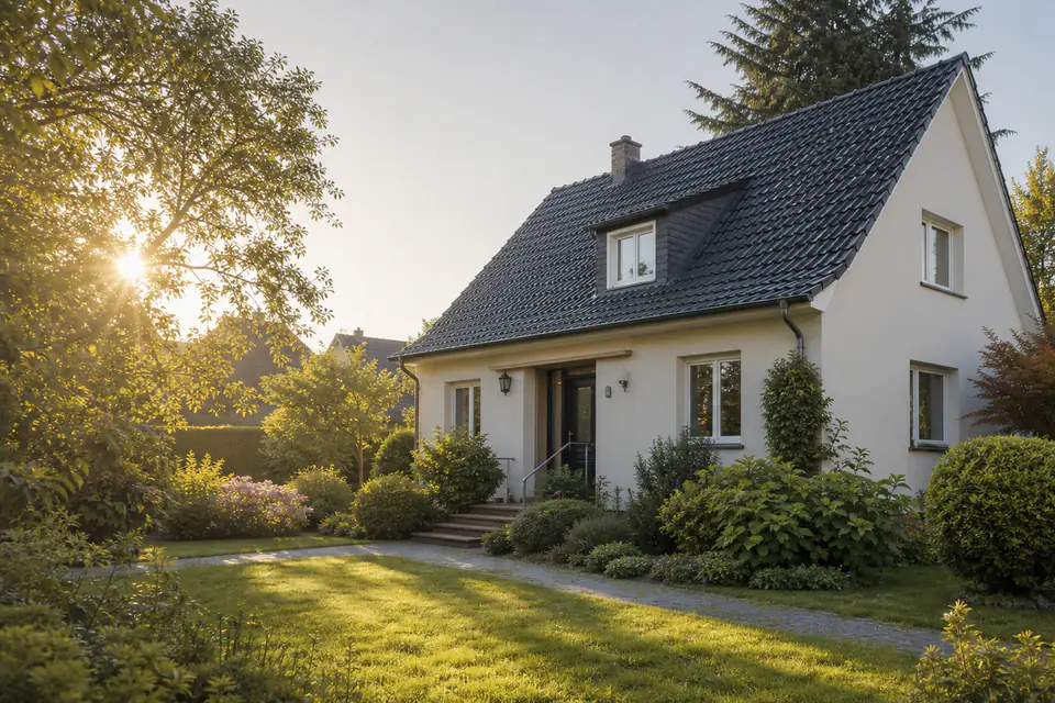 Würdevolles, gepflegtes Einfamilienhaus am Morgen, ohne Personen.
