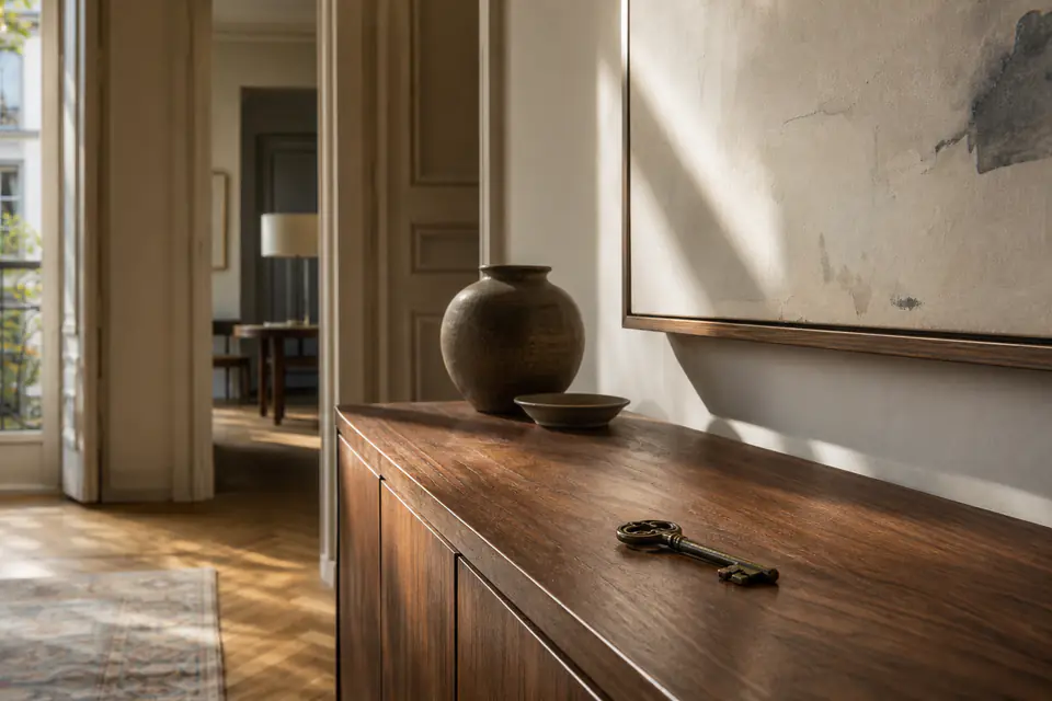 Würdevolle historische Hausansicht mit altem Garten und spätem Licht.