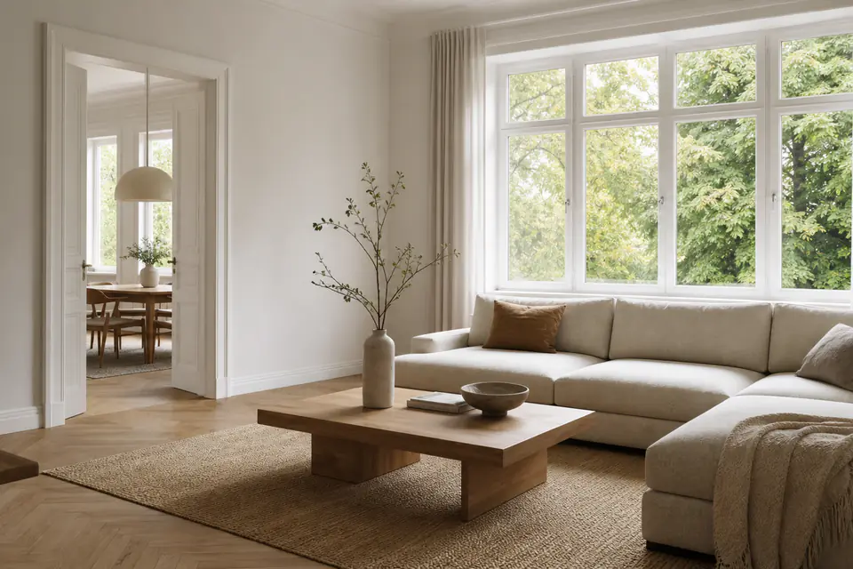 Zurückhaltend gestagter Wohnraum mit wenigen hochwertigen Möbeln.