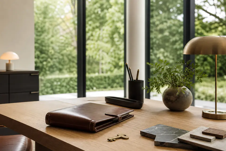 Aufgeräumter, hochwertiger Arbeitsplatz im Immobilienbüro ohne Person oder Bildschirmtext.