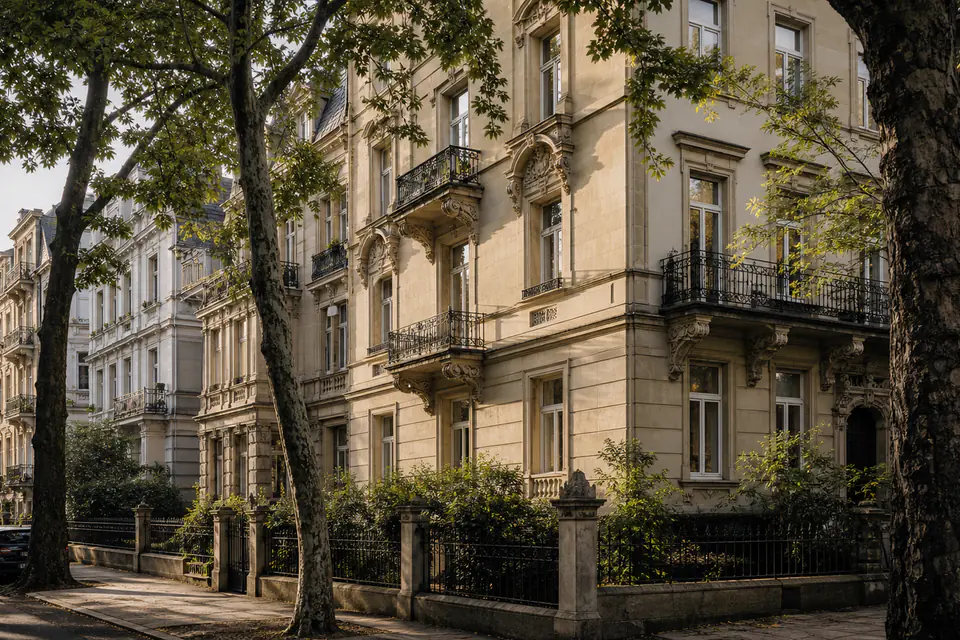 Elegante Westend-Fassade mit Erker, Stuck und altem Baumbestand.