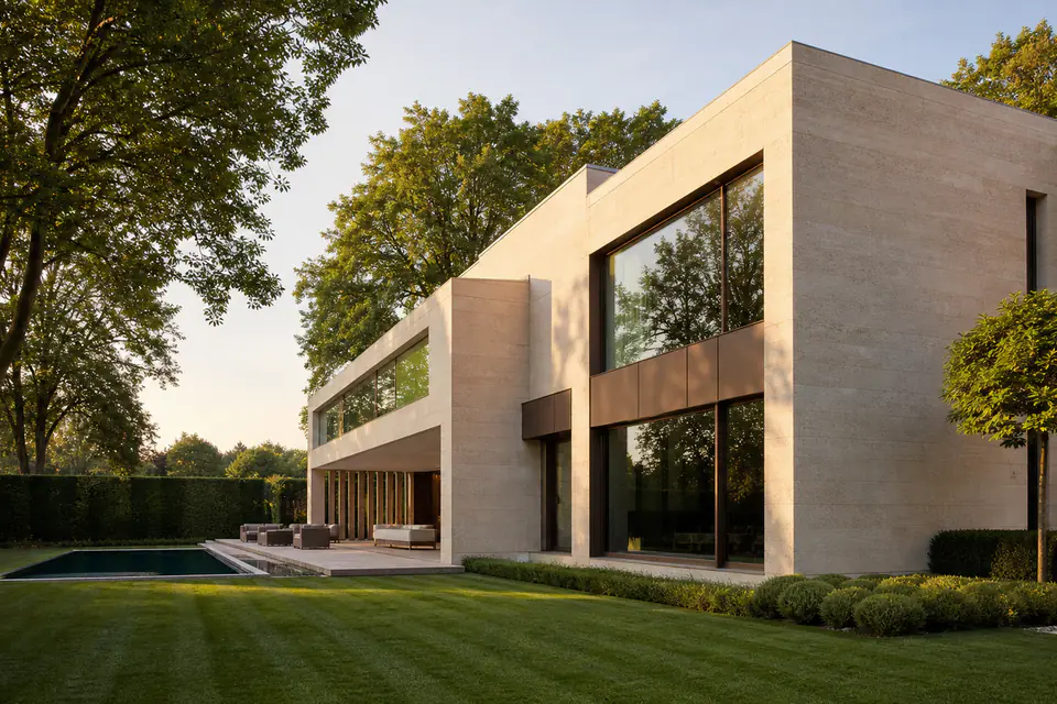 Zeitgenössisches, sehr zurückhaltendes Stadt-Penthouse mit großem Fenster und Naturmaterialien.