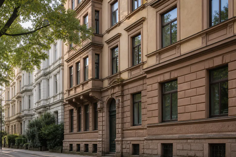 Gut erhaltenes Frankfurter Mehrfamilienhaus mit klaren Fensterachsen.