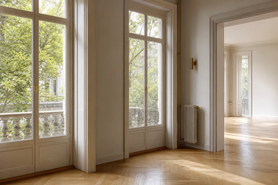 Lichtdurchfluteter, leerer Frankfurter Altbau mit hohen Fenstern und Eichenparkett.