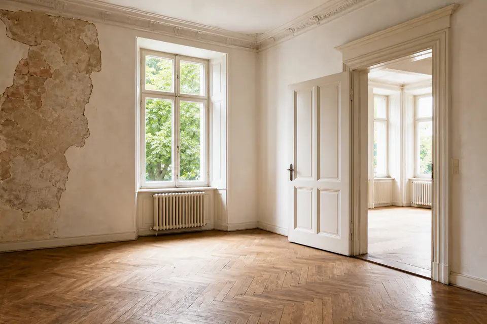 Charaktervoller, leerer Altbau-Raum mit gealtertem Parkett und freigelegtem Putz.