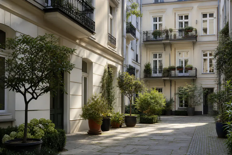 Gepflegter gemeinschaftlicher Altbau-Innenhof mit Balkonachsen.