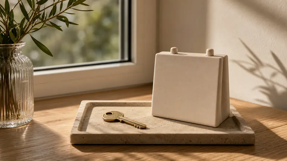 Stilles Arrangement aus Schlüssel, leerem Kalenderblatt ohne Schrift und Sonnenlicht.